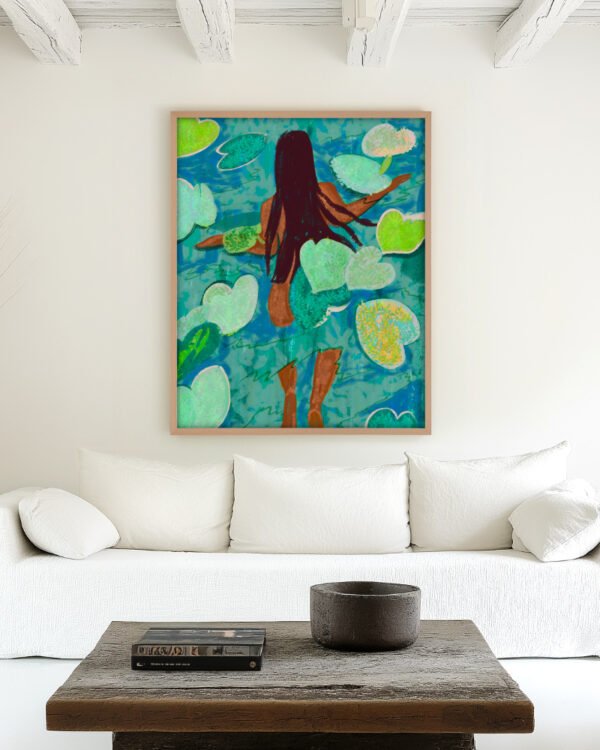 Figurative nature serene lotus pond nude Painterly fine art print titled “The art of being grateful” by Uma Gokhale for contemporary interiors