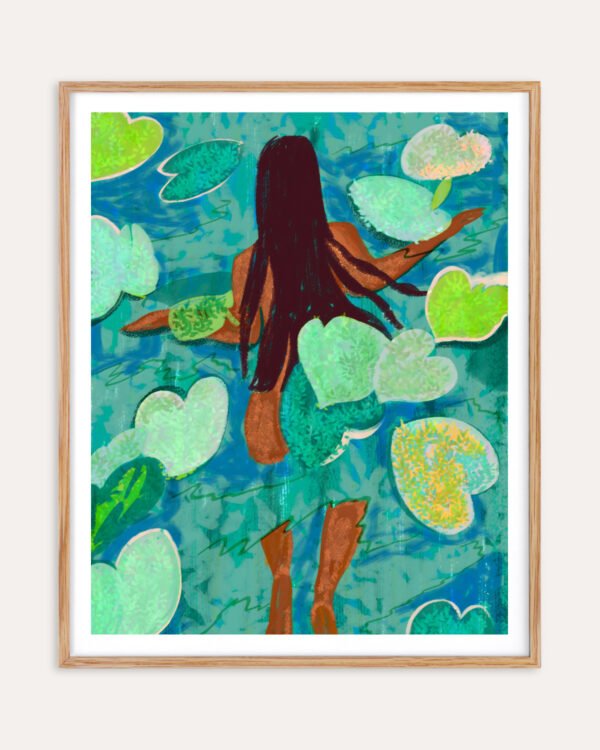 Figurative nature serene lotus pond nude Painterly fine art print titled “The art of being grateful” by Uma Gokhale for contemporary interiors