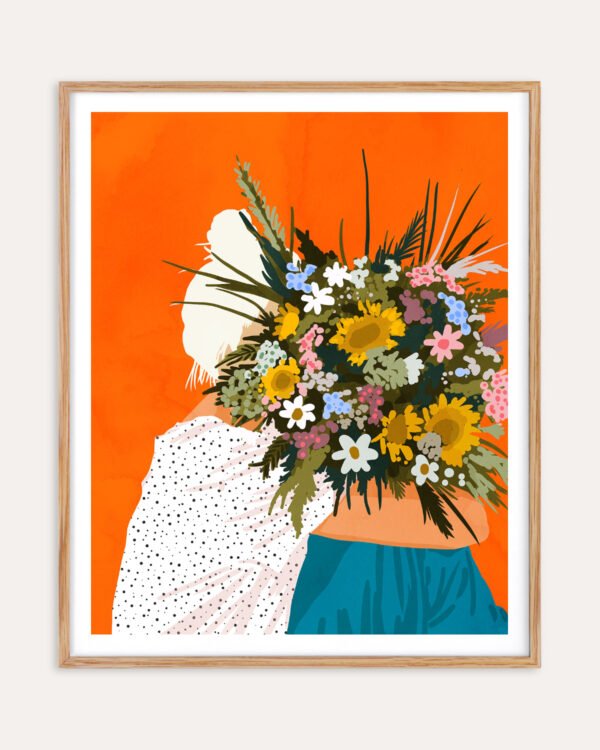 Flowers figurative botanical painterly fine art print titled “Happiness is holding flowers in both hands” by Uma Gokhale for contemporary interiors