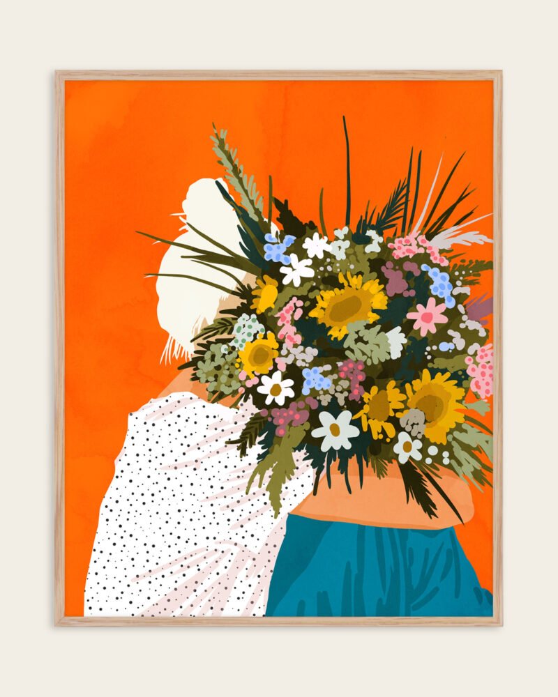 Flowers figurative botanical painterly fine art print titled “Happiness is holding flowers in both hands” by Uma Gokhale for contemporary interiors