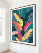 Abstract botanical tropical nature fine art print titled “Teal & tangerine” by Uma Gokhale for contemporary interiors