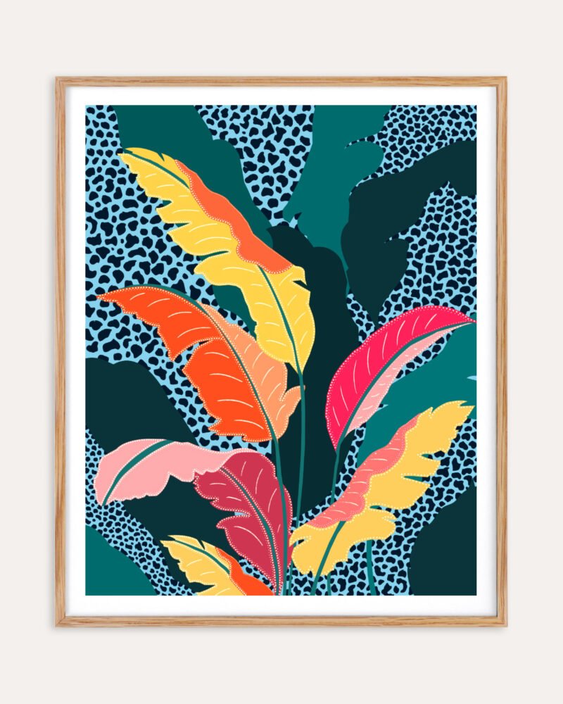 Abstract botanical tropical nature fine art print titled “Teal & tangerine” by Uma Gokhale for contemporary interiors