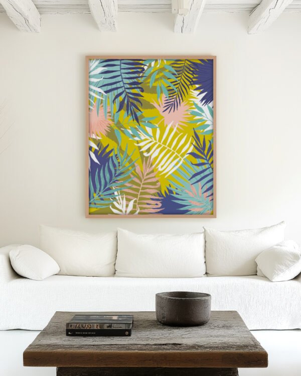 Botanical tropical nature palm pastel painterly summer fine art print titled “Vie De Palme” by Uma Gokhale for contemporary interiors