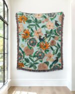 Shop tropical botanical jungle leaves Jacquard woven textile wall piece titled 'Forest Birds' - available at 83oranges.com by artist Uma Gokhale India