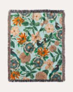 Shop tropical botanical jungle leaves Jacquard woven textile wall piece titled 'Forest Birds' - available at 83oranges.com by artist Uma Gokhale India