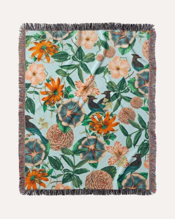 Shop tropical botanical jungle leaves Jacquard woven textile wall piece titled 'Forest Birds' - available at 83oranges.com by artist Uma Gokhale India
