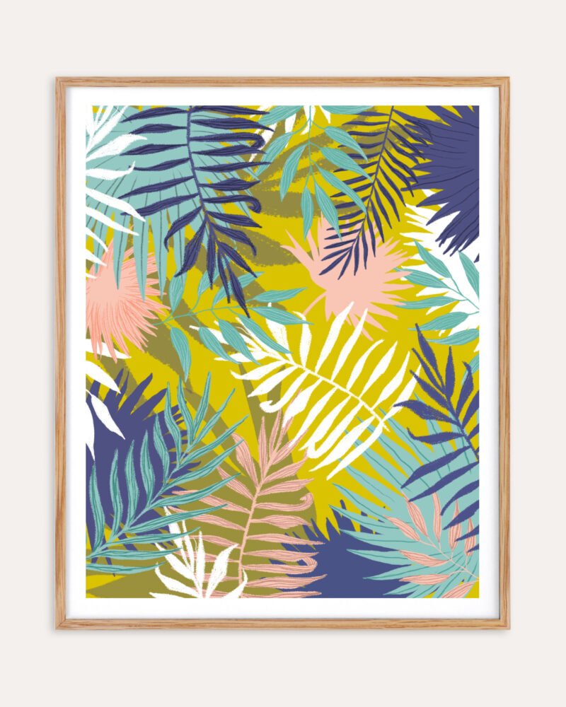 Botanical tropical nature palm pastel painterly summer fine art print titled “Vie De Palme” by Uma Gokhale for contemporary interiors
