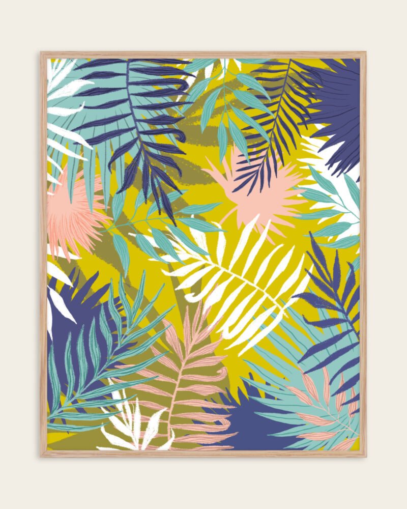 Botanical tropical nature palm pastel painterly summer fine art print titled “Vie De Palme” by Uma Gokhale for contemporary interiors