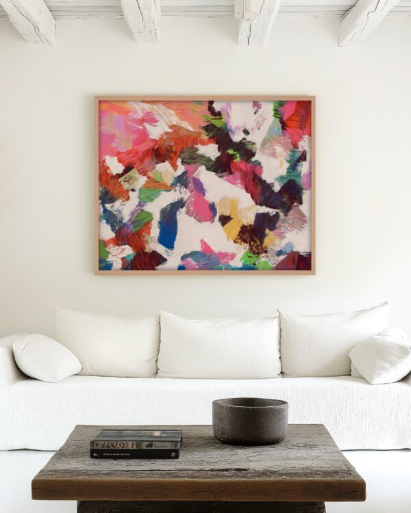 Abstract painterly fine art print titled “Where color learns to dance” by Uma Gokhale for contemporary interiors