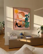 Shop tropical yoga woman cat pet Jungle Painting Art Print, Canvas Print, Commercial digital license & Instant download printble - available at 83oranges.com by artist Uma Gokhale India