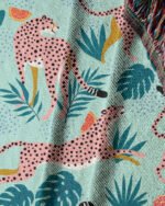 Shop cheetahs tropical jungle wildlife Jacquard woven textile wall piece titled 'Cheetahs in the grapefruit grove' - available at 83oranges.com by artist Uma Gokhale India