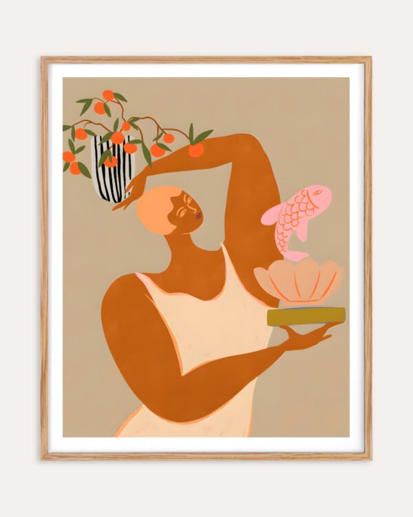 Figurative botanical painterly fine art print titled “Fish & Oranges” by Arty Guava in collaboration with 83 Oranges for contemporary interiors