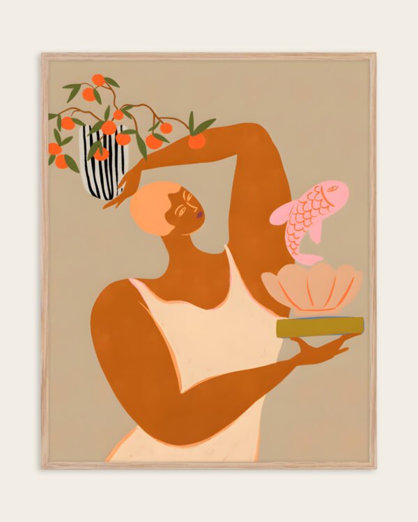 Figurative botanical painterly fine art print titled “Fish & Oranges” by Arty Guava in collaboration with 83 Oranges for contemporary interiors
