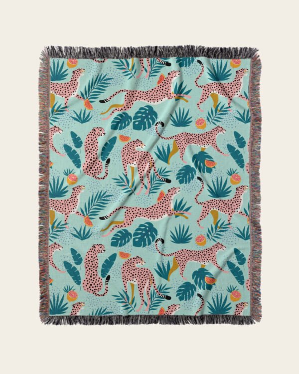Shop cheetahs tropical jungle wildlife Jacquard woven textile wall piece titled 'Cheetahs in the grapefruit grove' - available at 83oranges.com by artist Uma Gokhale India