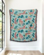Shop cheetahs tropical jungle wildlife Jacquard woven textile wall piece titled 'Cheetahs in the grapefruit grove' - available at 83oranges.com by artist Uma Gokhale India