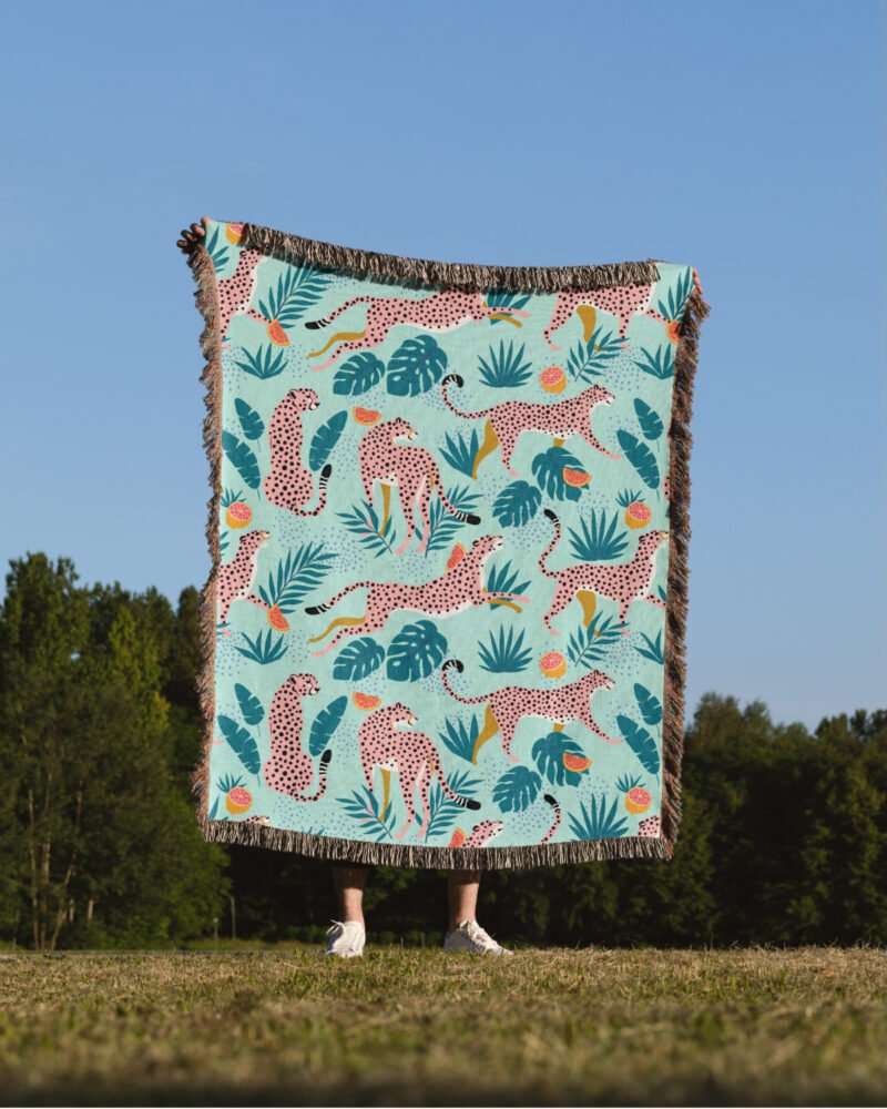 Shop cheetahs tropical jungle wildlife Jacquard woven textile wall piece titled 'Cheetahs in the grapefruit grove' - available at 83oranges.com by artist Uma Gokhale India