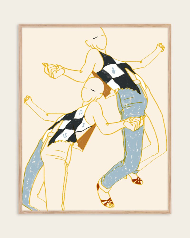 Figurative abstract line drawing minimal fine art print titled “Music is my partner” by Uma Gokhale for contemporary interiors
