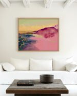 Mixed media painterly landscape ocean beachy nature fine art print titled “Somewhere the Sea Turned Pink” by 83 Oranges/Uma Gokhale for contemporary Scandinavian interiors