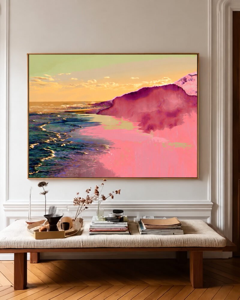 Mixed media painterly landscape ocean beachy nature fine art print titled “Somewhere the Sea Turned Pink” by 83 Oranges/Uma Gokhale for contemporary Scandinavian interiors