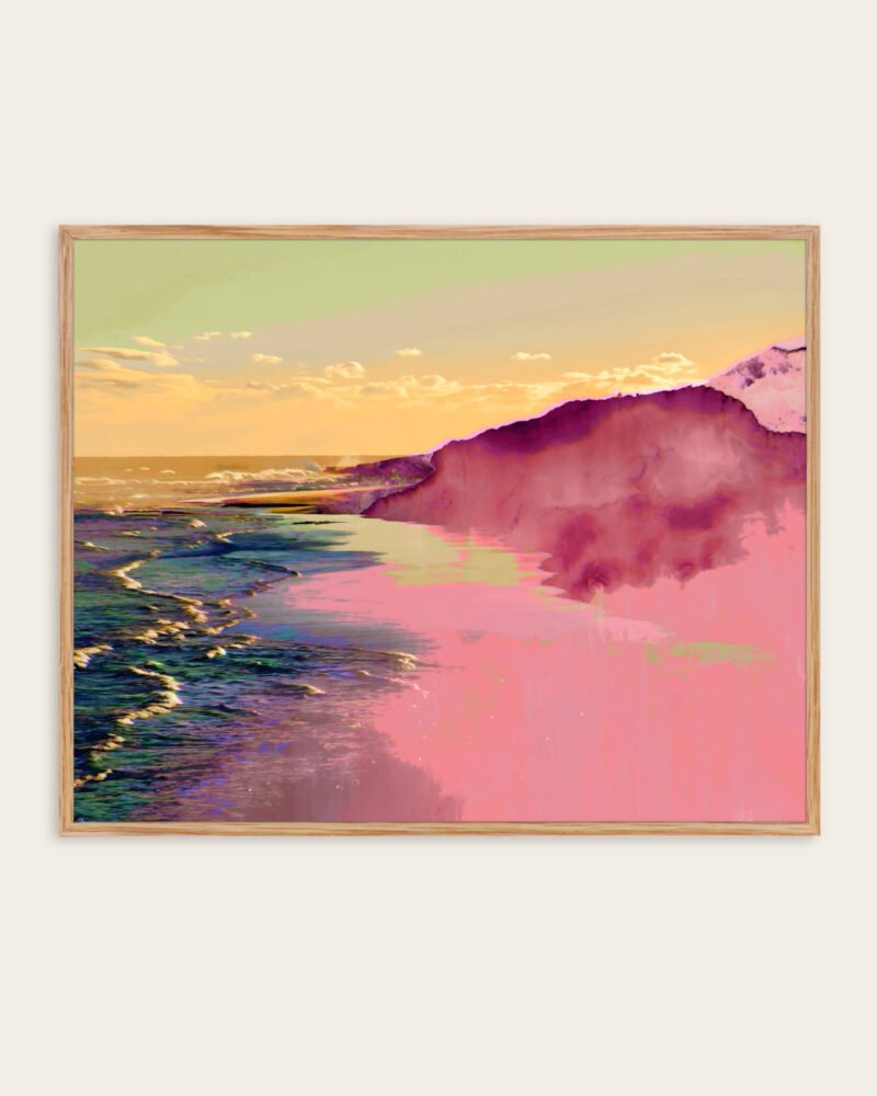 Mixed media painterly landscape ocean beachy nature fine art print titled “Somewhere the Sea Turned Pink” by 83 Oranges/Uma Gokhale for contemporary Scandinavian interiors