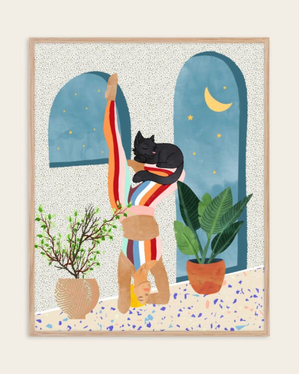 Figurative painterly people, Yoga & pet cats fine art print titled “Headstand” by 83 Oranges/Uma Gokhale for contemporary boho interiors